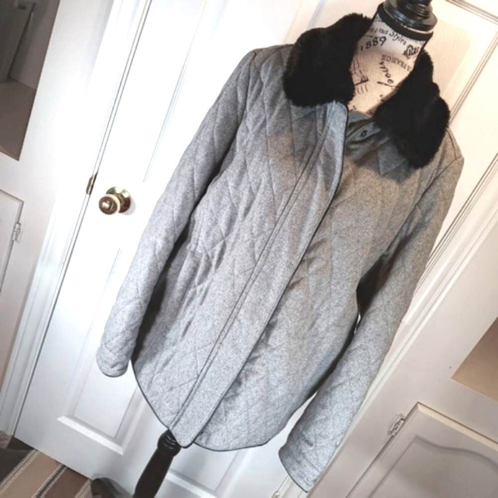 NWOT Alfred Sung Grey Wool Blend Pea Coat Quilted Black Faux Fur Collar XL - Picture 3 of 16